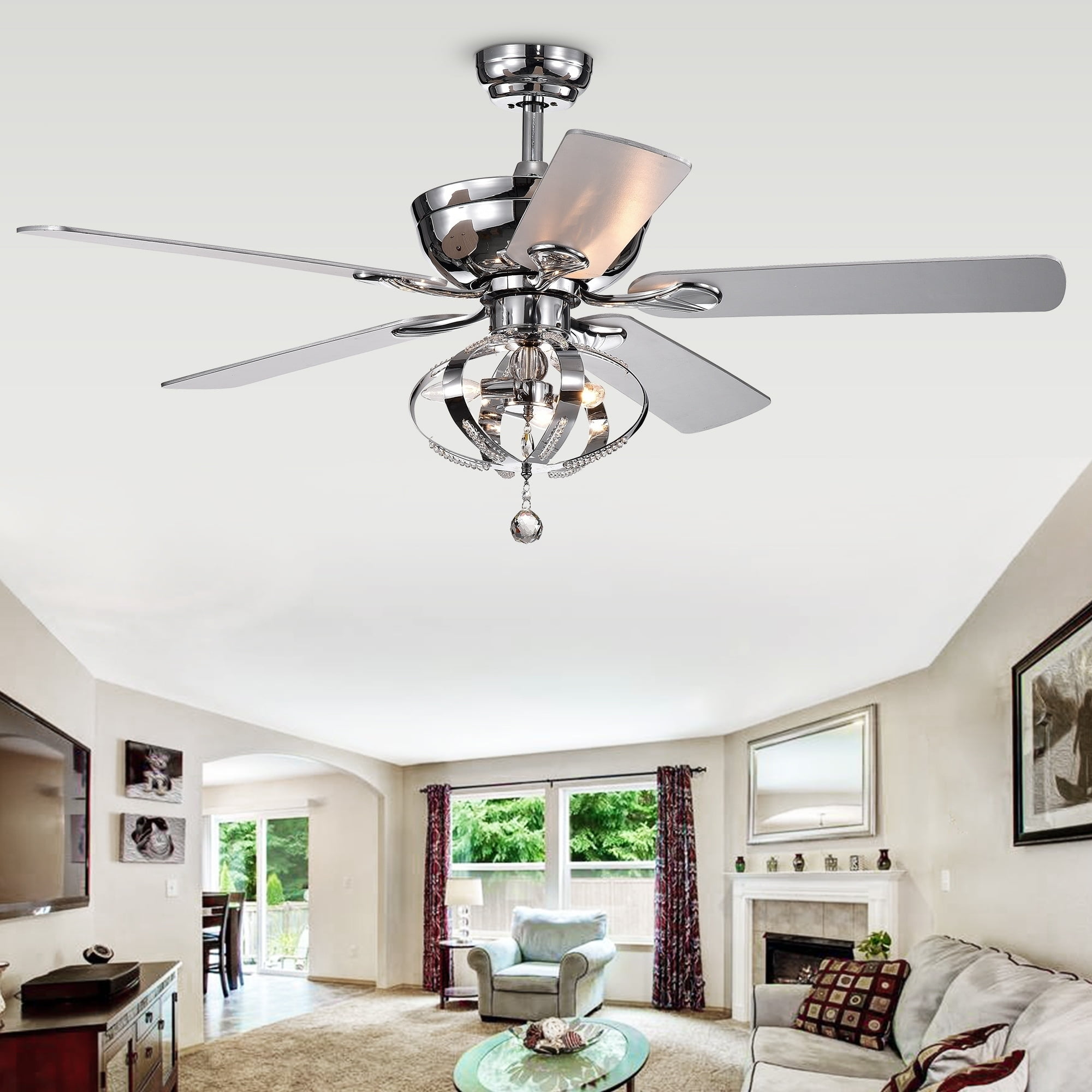 Tatiana 5-blade 52-inch Chrome Ceiling Fan with 3-Light Royal Chandelier (Remote Controlled)