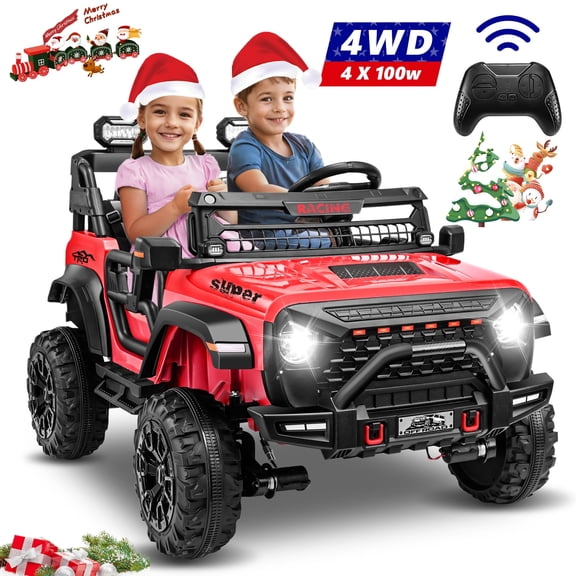 Funcid 24V 9AH Ride on Toys 2 Seater Ride on Cars with Remote Control, 4WD Powered Ride on Electric Truck Car for Kids w/ Bluetooth, MP3, LED Lights, 3-Point Seat Belts, Spring Suspension, Red