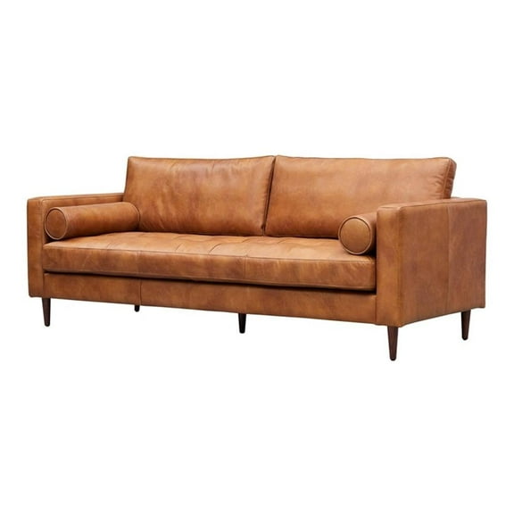 Pemberly Row Contemporary Italian Leather Sofa in Light Brown