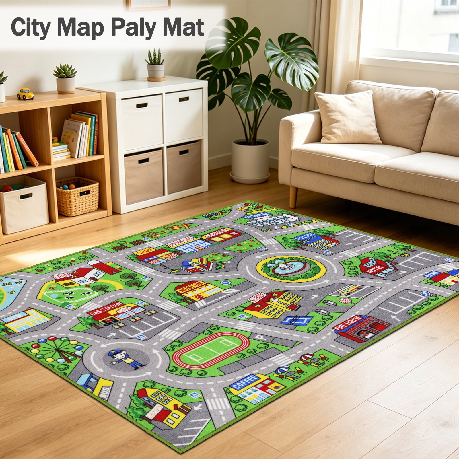 ORGOWEL Kids Carpet Playmat Area Rug Car Mat Play Rug for Playroom Educa tional Car Mat Machine Washable Non-Slip Kids Rug for Bedroom, Living Room,39.4"x63",Green
