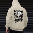thumbnail image 3 of Men's Outdoor Casual Hooded Drawstring Sweatshirt, GOOD THINGS TAKE TIME Graphic Print Pullover for Hiking, Streetwear,Beige,L, 3 of 7