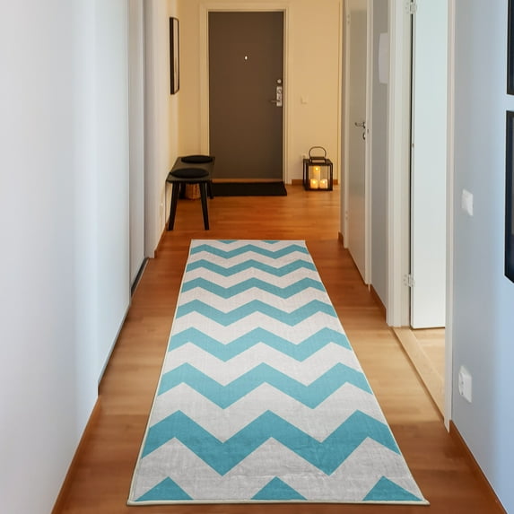 Shapes Decorative Rug, Chevron Pattern Classic Geometrical Horizontal Zig Zag Stripes Retro Artwork, Quality Carpet for Bedroom Dorm and Living Room, 6 Sizes, Aqua White, by Ambesonne