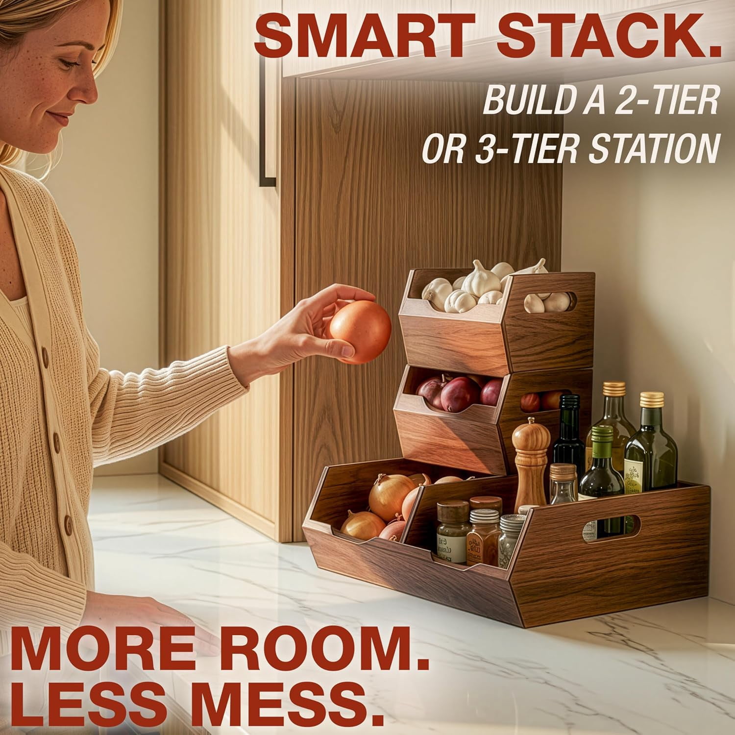 HOMESTEAD Acacia Wood Pantry Storage Bins, Stackable Bins Open Front Organizer, Ventilated Potato and Onion Storage Bins with Handles, Wooden Fruit Basket for Kitchen Pantry, Set of 3, Chest Nut
