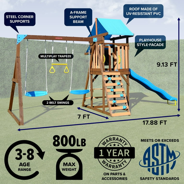 Sportspower Rosemont Wooden Swing Set with 2 Belt Swings, Trapeze
