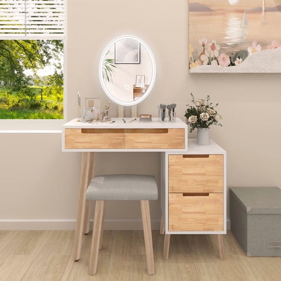 ELECWISH Vanity Desk With 3 Adjustable Lighting Modes Mirror, With 4 Drawers & Cushioned Stool,Adjustable Storage Cabinet