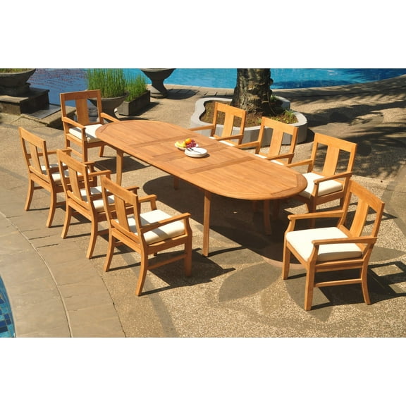 Grade-A Teak Dining Set: 8 Seater 9 Pc: 118" Double Extension Oval Table And 8 Osborne Arm Chairs Outdoor Patio WholesaleTeak #WMDSWVm