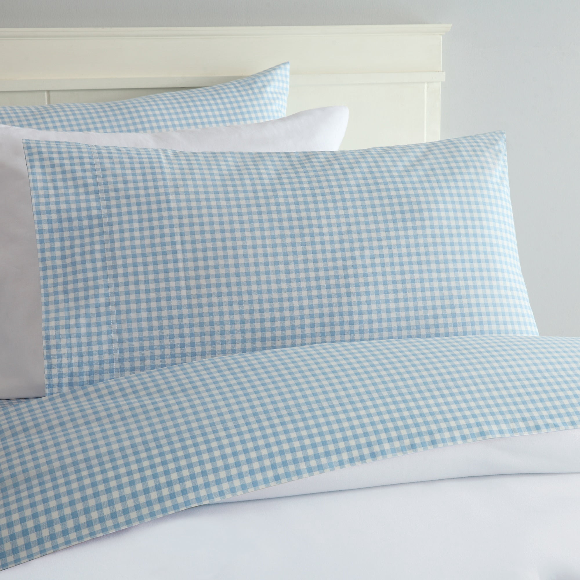 Laurel & Mayfair Gingham Printed 250tc 100% Cotton Percale Blue 3-Piece Sheet Set, Twin