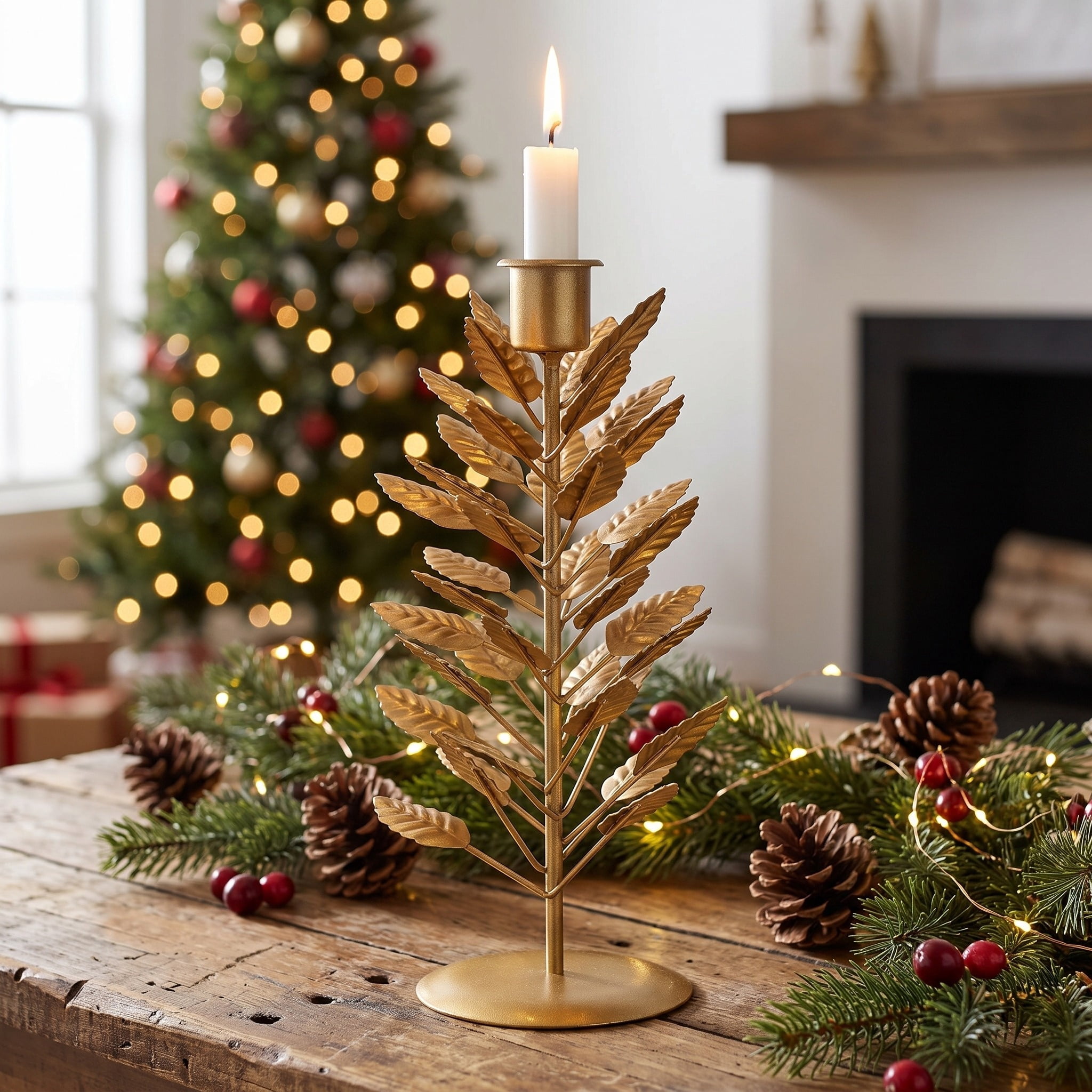 Medium Gold Leaf Metal Christmas Taper Candle Holder, 8", by Holiday Time