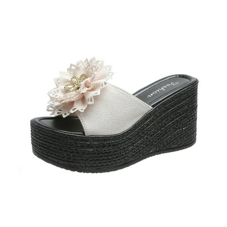 

Honeeladyy Discount Sandals Women Casual Peep Toe High Chunky Wedge Heels Shoes Exquisite Flowers Slippers