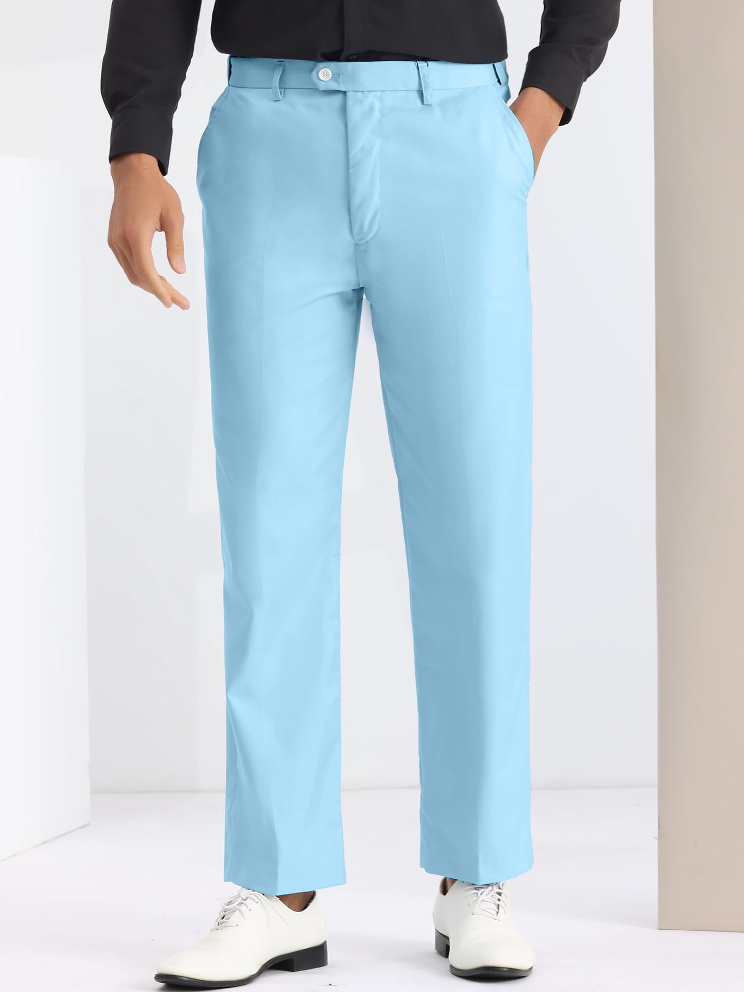 Unique Bargains Men's Dress Pants Slim Fit Flat Front Chino Business Wedding Suit Pants 28 Light Blue