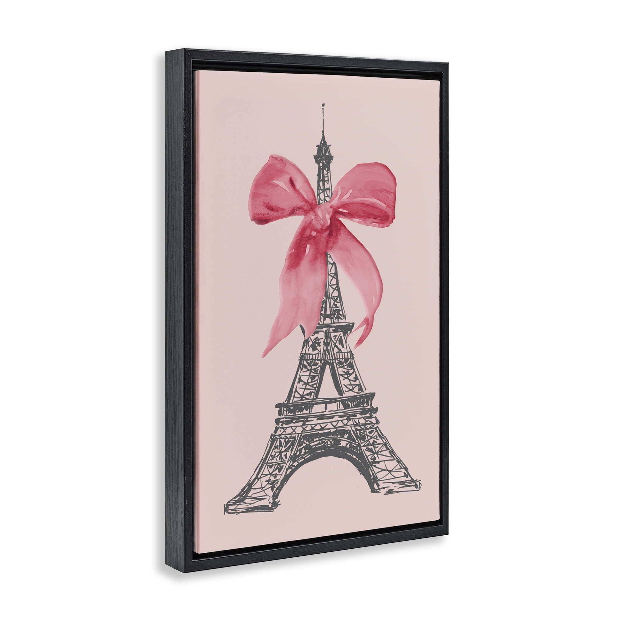 Stupell Industries Pink Bow on Eiffel Tower Buildings & Architecture Painting Black Floater Framed Canvas Art Print Wall Art, 17 x 25