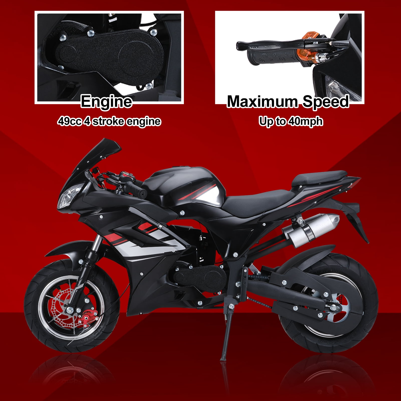 Pocket Rocket Motorcycle - 49cc 4-Stroke Gas with 8" Wheels, Front & Rear Disc Brakes & Headlights