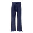 thumbnail image 4 of KPOPLK Ladies Pants with Pockets Linen Women Petite Length Loose Cotton Solid Trousers Pants Wide Leg Pants for Women for Beach Vacation Day to Night Everyday Wear Size L,Dark Blue, 4 of 6