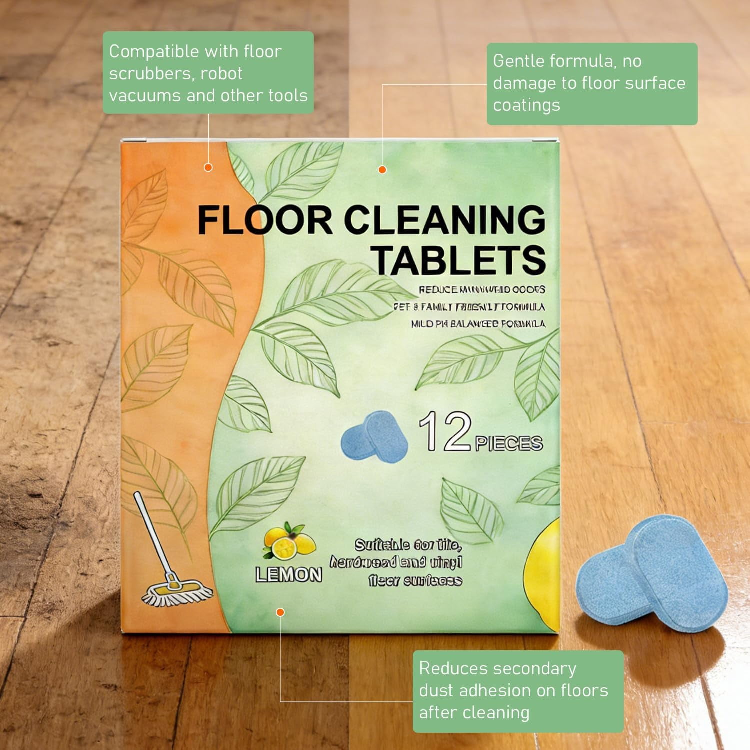Floor Cleaning Concentrate Tablets (12-Pack)，Deep Cleaning, Powerful Formula, Fresh Lemon Scent — Compatible with Robot Vacuums/Mops and Wet/Dry Vacuums