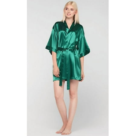 Kimono robes for Women Satin Silk lingerie robe  Short V-Neck For Female Sleepwear Loungewear bridal party bridesmaid wedding - Lime Green - Large