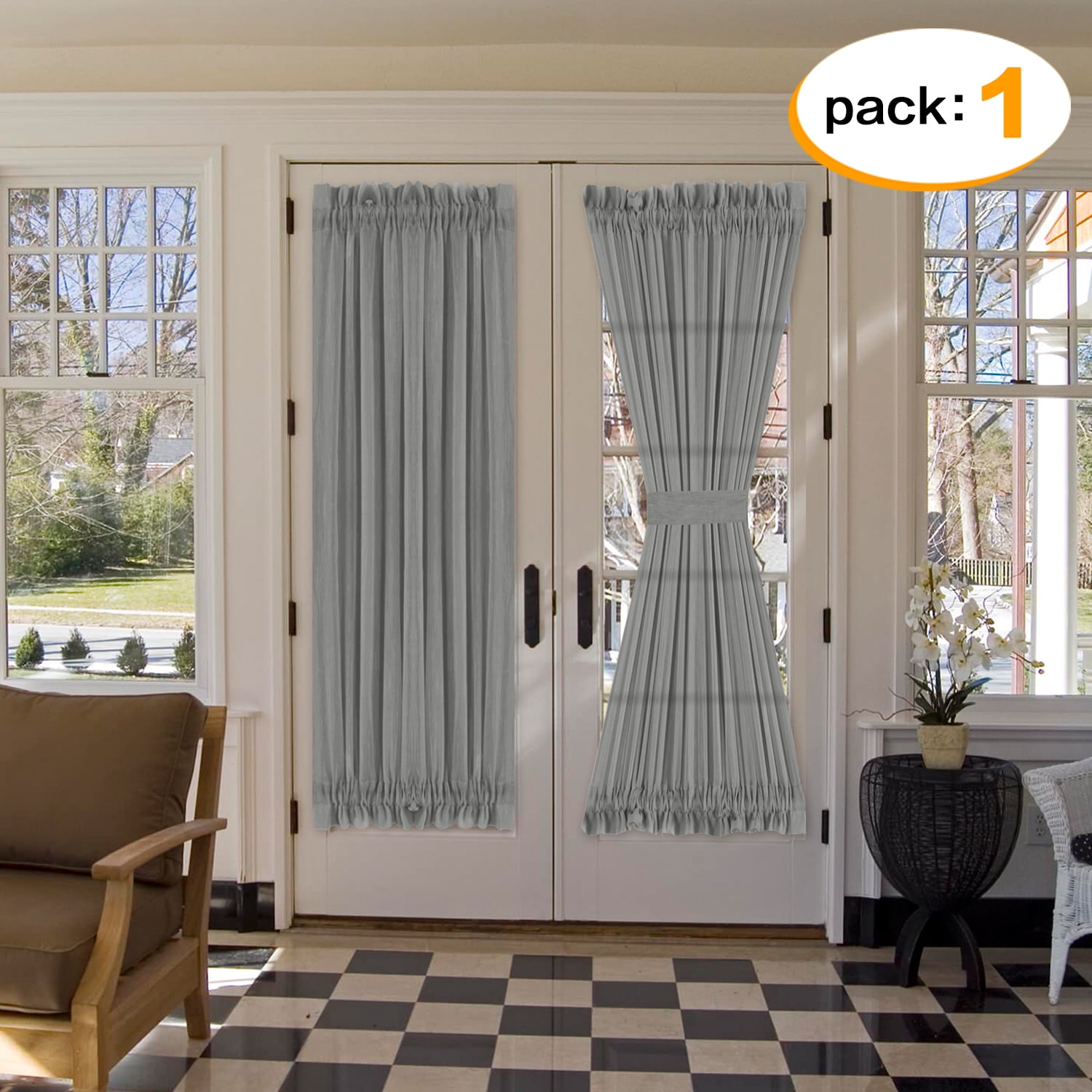 PrimeBeau Rich Linen Blended French Door Curtain Panel, Rod Pocket Grey