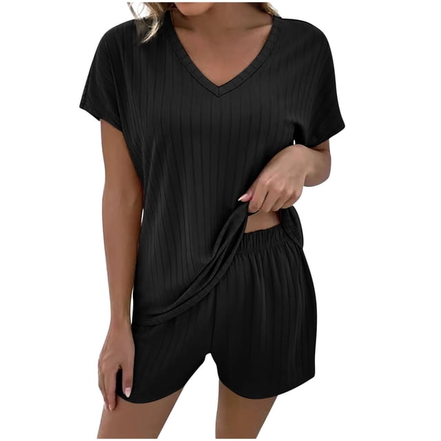 Birdeem Womens Summer Short Sleeve V-Neck Tops Shorts Comfortable Homewear Two-Piece Set