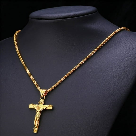 Lordgold Vintage Religious Jesus Cross Necklace for Men Fashion 14K Yellow Gold Cross Pendent with Chain Necklace Jewelry Gifts for Men