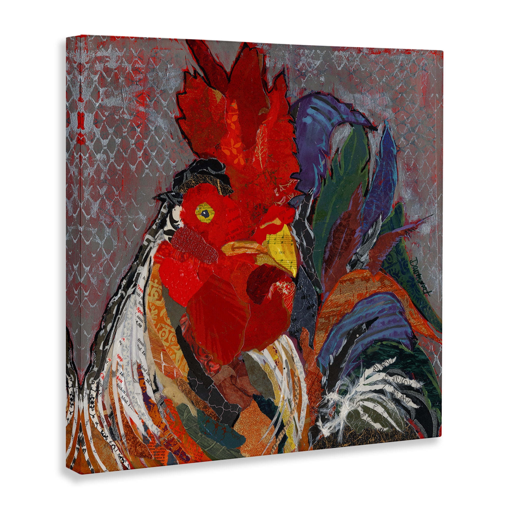 Stupell Industries Patterned Collage Rooster Animals Painting Wrapped Canvas Art Print Wall Art, 36 x 36
