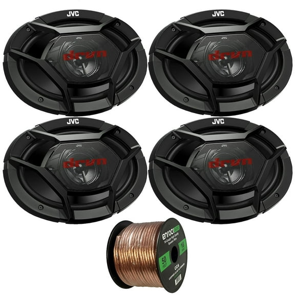 4x JVC drvn DR Series 6x9" 500W Max Power Car Audio 3-Way Coaxial Vehicle Speakers Bundle Combo with 50 Ft 16 Gauge Audio Speaker Wiring