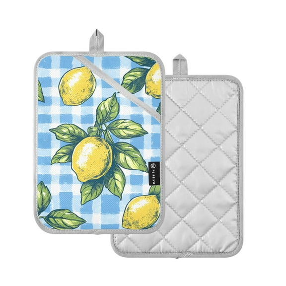Yayeee Pot Holders Kitchen Heat Resistant with Pocket 7"x9.8" Cotton Oven Cooking Hot Pads, Cartoon Plaid Lemon