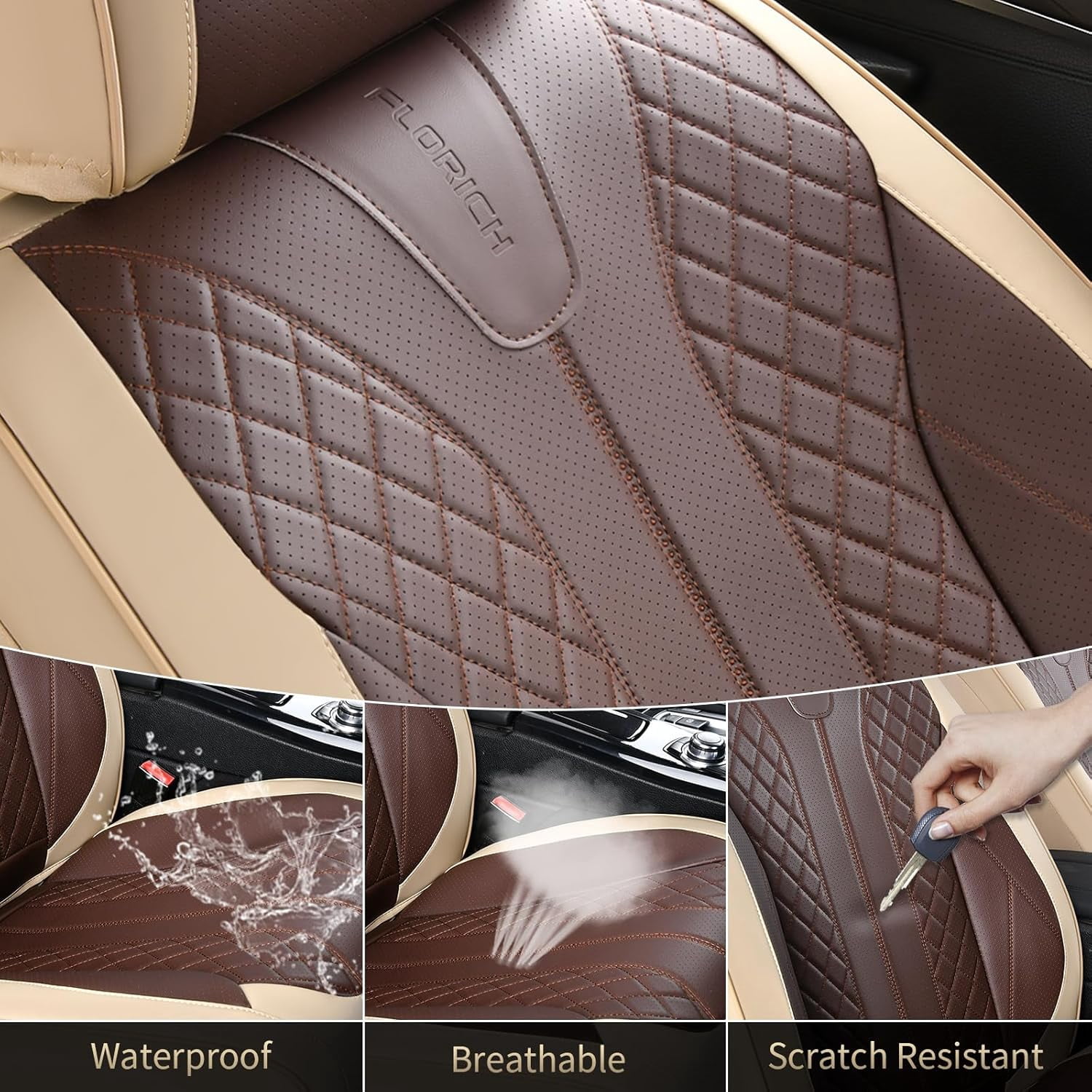 FLORICH Full Set Car Seat Covers, Premium Faux Leather Seat Protectors, Breathable Material Cushions Universal Fit for Most Cars, Beige & Coffee
