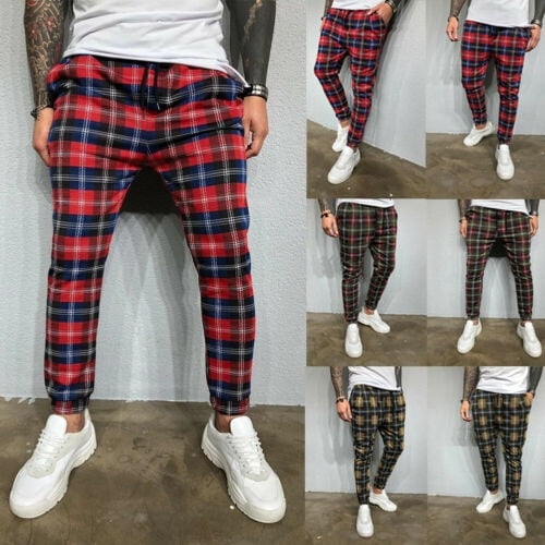 mens slim fit tartan trousers