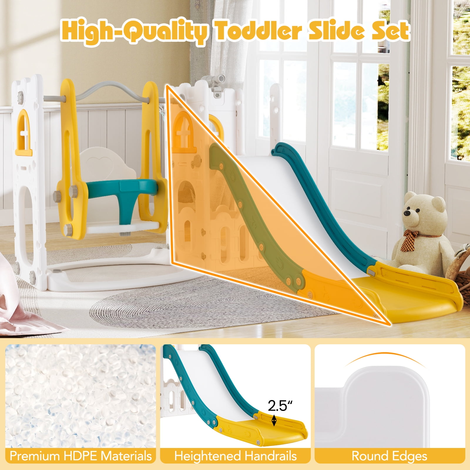 Patiojoy 7 in 1 L-shaped Toddle Swing and Slide Set Freestanding Toddler Slide Playset w/ Swing Yellow