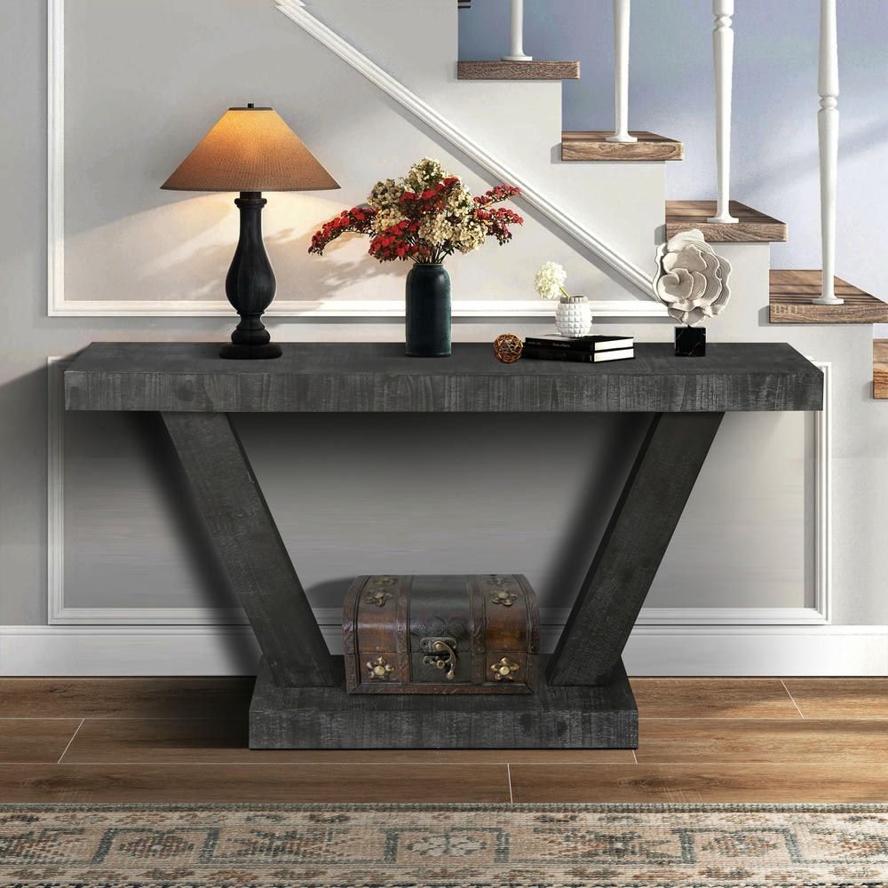 Barara King Console Table, Entryway Table, Console Sofa Table, Display Shelf,60" Entryway Bench with 2-Tier Solid Wood Veneer Storage Cabinet, Antique Black