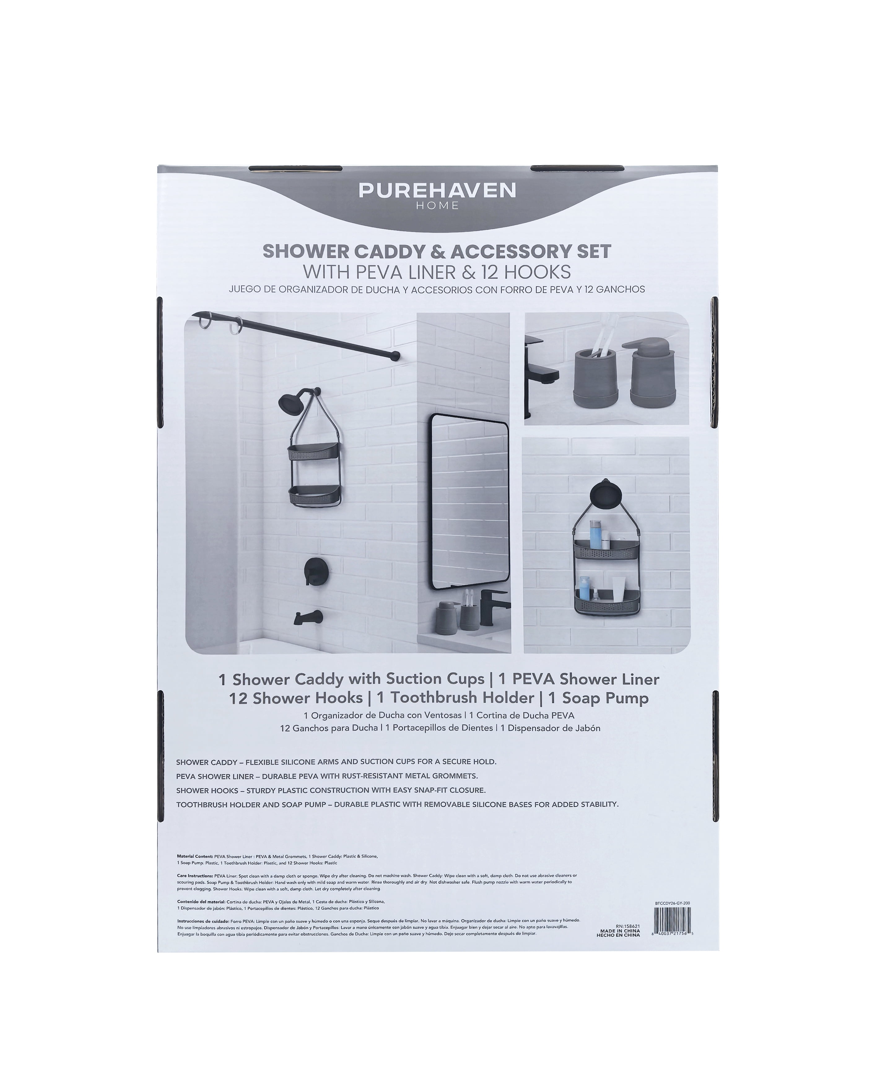 Purehaven Home Shower Caddy and Bath Accessory Set for College Dorms and Apartments, Grey