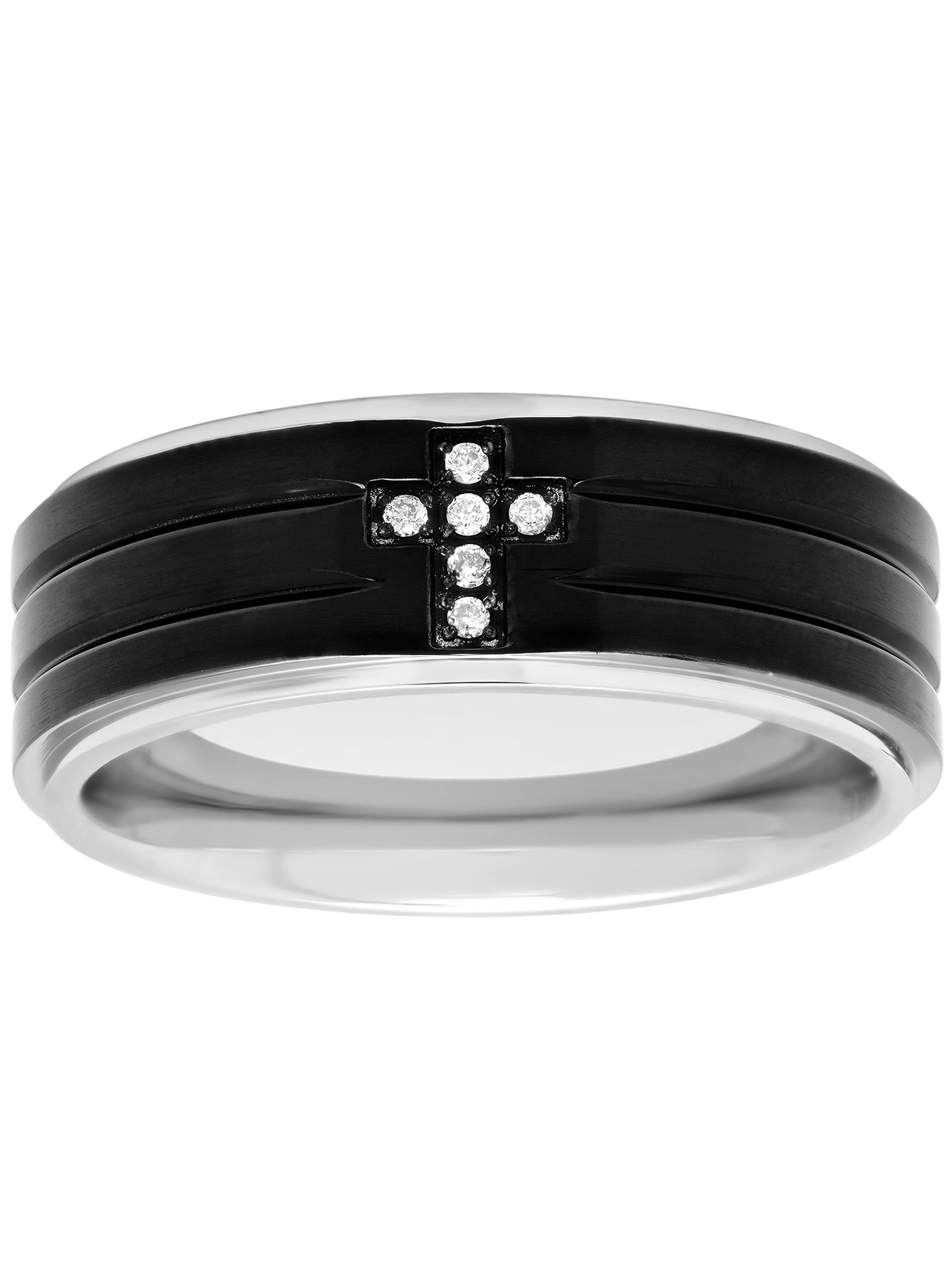 Mens Stainless Steel 8MM White Diamond Accent Cross Wedding Band