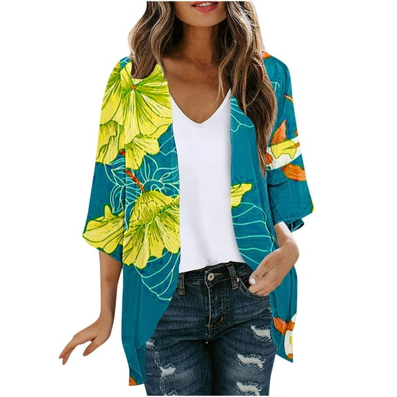 Nmnitkp Blouses for Women Dressy Casual Womens Blouse Sleeve Cardigan Floral Print Puff Sleeve Kimono Cardigan Loose Cover Up Casual Blouse Tops
