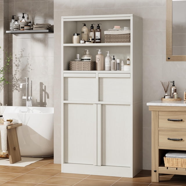Buffet Sideboard with 4 Doors, Large Farmhouse Kitchen Storage Cabinet with Power Outlets, Wood Coffee Bar Cabinet with 2 Drawers for Kitchen, Dining Room, Entryway