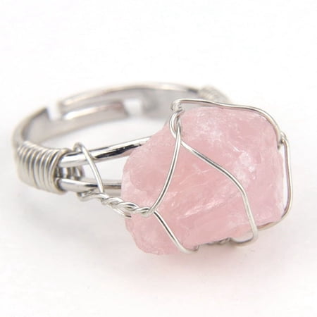 Nvzi -b natural handmade ring, suitable for men and women to wear, personalized silver copper wire hand wrapped natural stone ring, adjustable for women (pink)