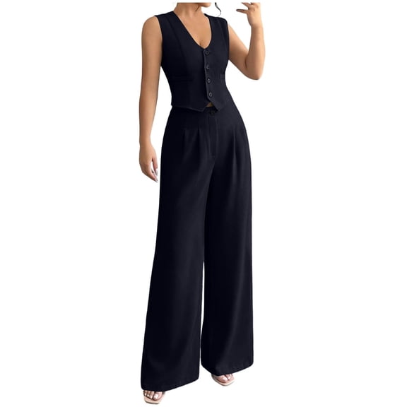 Guluxicc 2 Piece Womens Outfit Sets V Neck Sleeveless Button Down Vests High Waist Pleated Wide Leg Pants Business Casual Wear