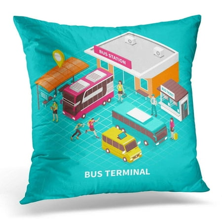 ARHOME Bus Terminal with Building Station Public Transport Tourists and Ticket Office on Turquoise Isometric Pillows case 20x20 Inches Home Decor Sofa Cushion