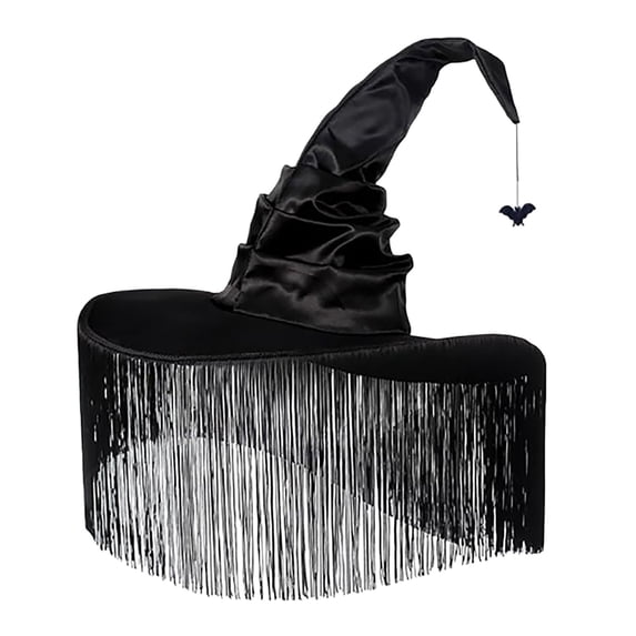 Women's Halloween Witch Hat with Fringe and Dangle Charm, Wide Brim Curved Pointed Tip Fringed Witch Hat for Women, Masquerade Party Costume Accessory, Halloween Decor Hat for Adults Dark Gray