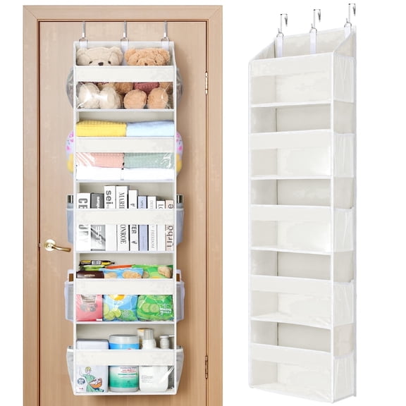 LazySpin Heavy Duty Over the Door Organizer with 5 Tiers & 5 Large Pockets, Hanging Storage Closet Door Organizer with 10 Side Pockets & Clear View for Bathroom, Bedroom, Pantry, Nursery, Off-white