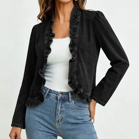 SOOMLON Jean Jacket for Women Cropped Plus Size Long Sleeve Denim Coat Vintage Ruffle Cardigan Fall Casual Clothes