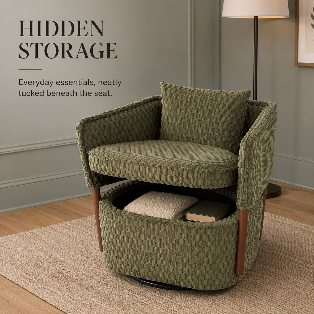 MOONIMSS 360°Swivel Accent Chair, Corduroy Vanity Chair with Storage,Green