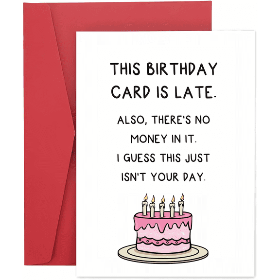 Late Birthday Card – Humorous "This Birthday Card is Late" Design with Pink Cake – Funny Greeting Card for Friends and Family – Envelope Included