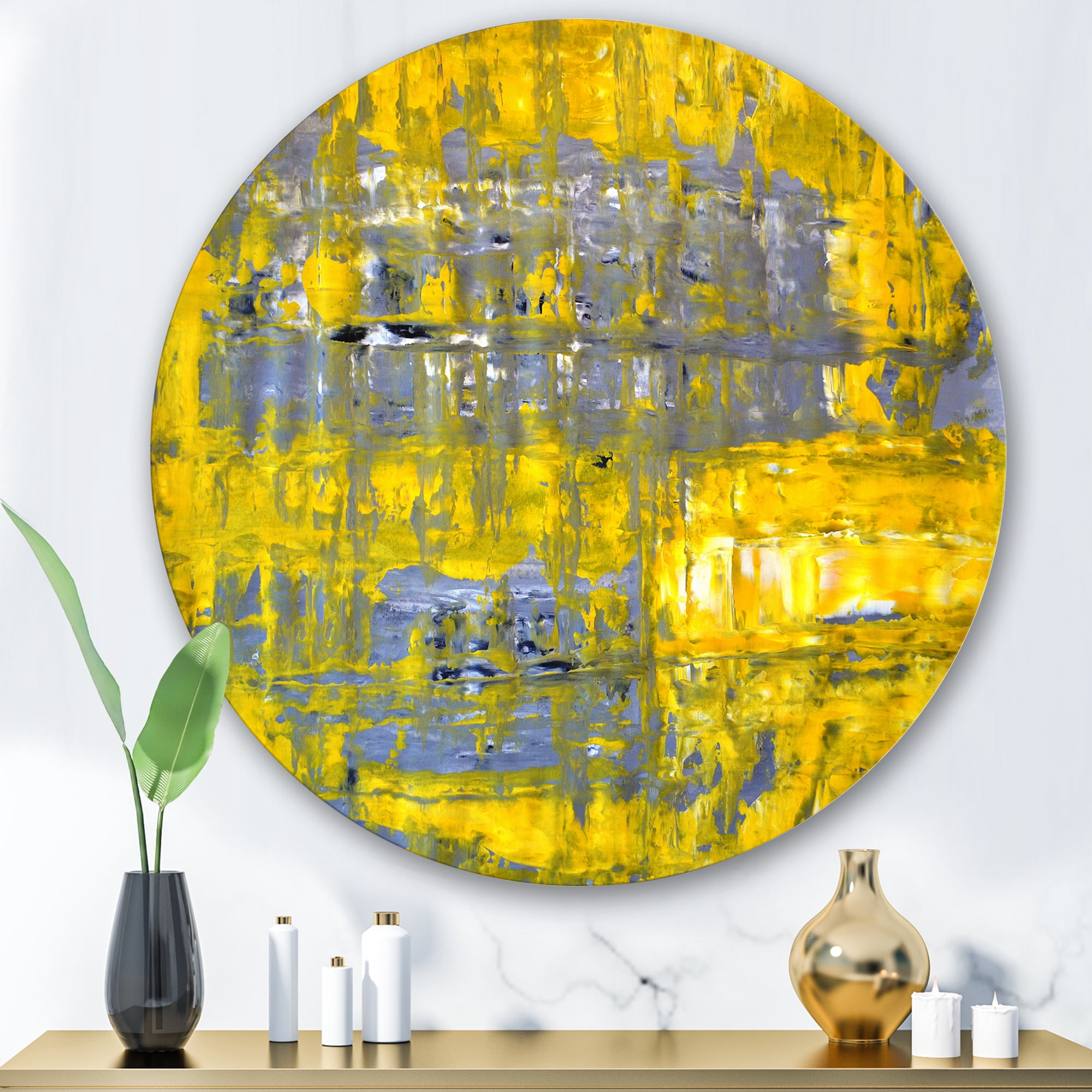 Designart 'Grey Meets Yellow Abstract Art I' Modern Circle Metal Wall Art 36x36 - Disc of 36