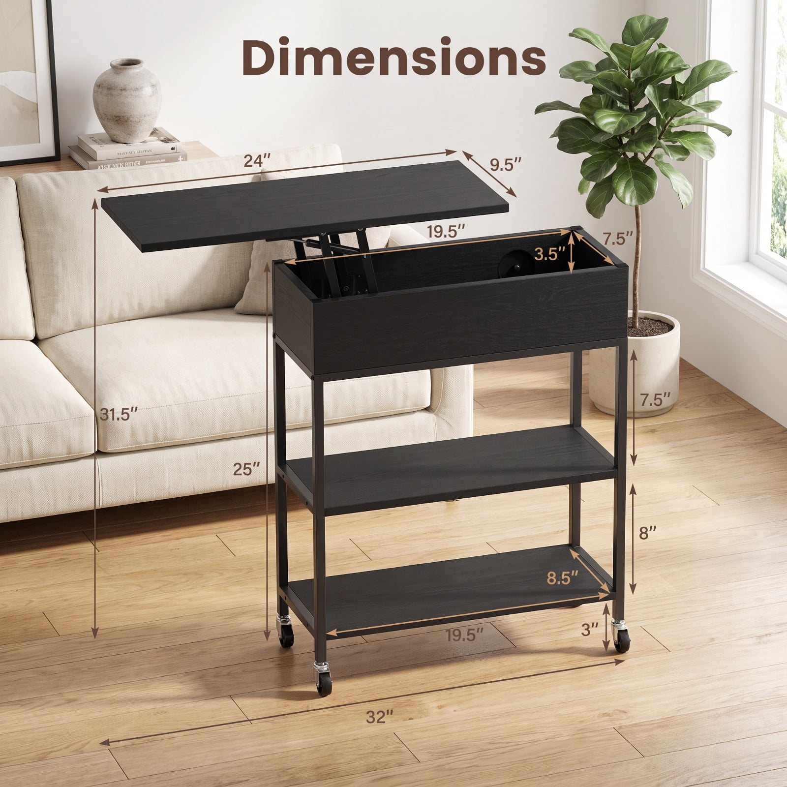 Furnibear Lift Top End Table with Charging Station Hidden Compartment and Universal Wheels for Living Room Sofa Side Narrow Spaces, Black
