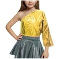 thumbnail image 2 of One Shoulder Cropped Tops for Girls Long Sleeve Shirts Size 3-16 Teens Toddlers Trendy Solid Color Shiny Pullover Dance Performance T-Shirts, 2 of 4