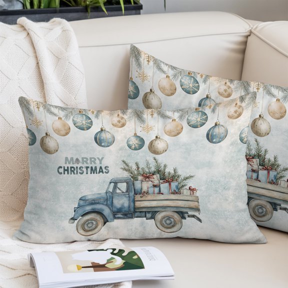 Blue Truck Christmas Pillow Covers Queen, Xmas Balls Snowflake Vintage Soft Brushed Microfiber Breathable Throw Pillow Covers, Decorative Pillowcase with Zipper for Couch Sofa Bedroom 20"x30"