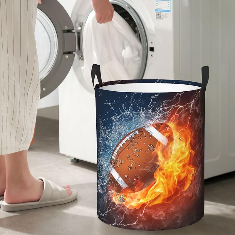 American Football Ball In Fire And Water Round Laundry Hamper Sport Rugby Storage Basket Toys Clothes Organizer Bin For Home Bathroom Bedroom Dorm Nursery