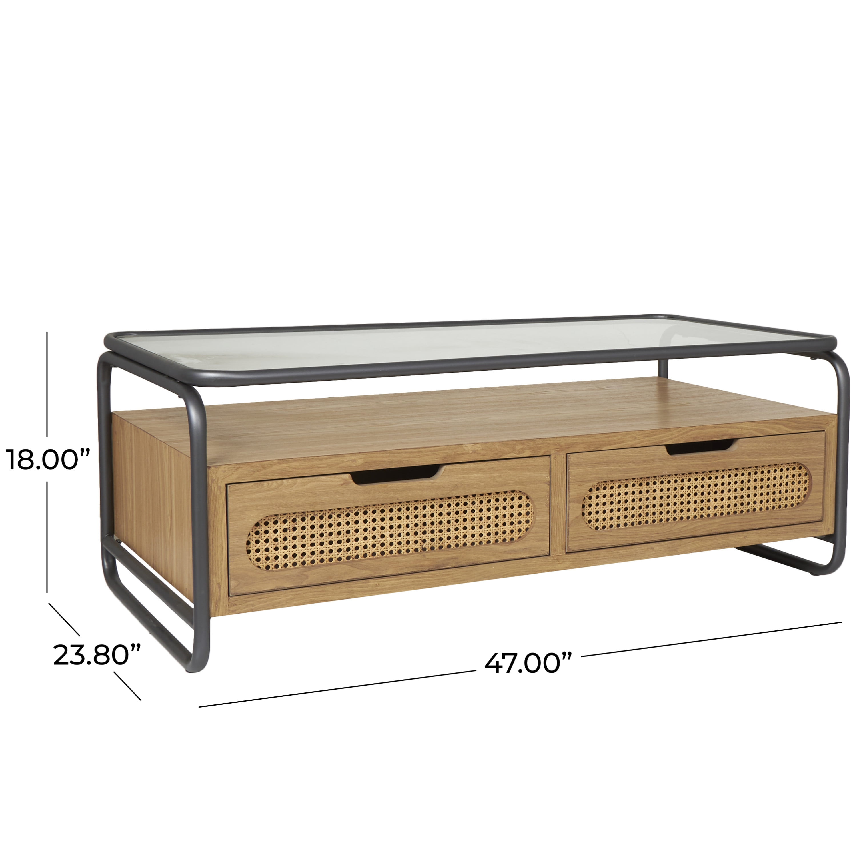 DecMode 47" x 18" Brown Wooden 1 Shelf Coffee Table with 2 Cane Front Drawers and Gray Metal Frame, 1-Piece