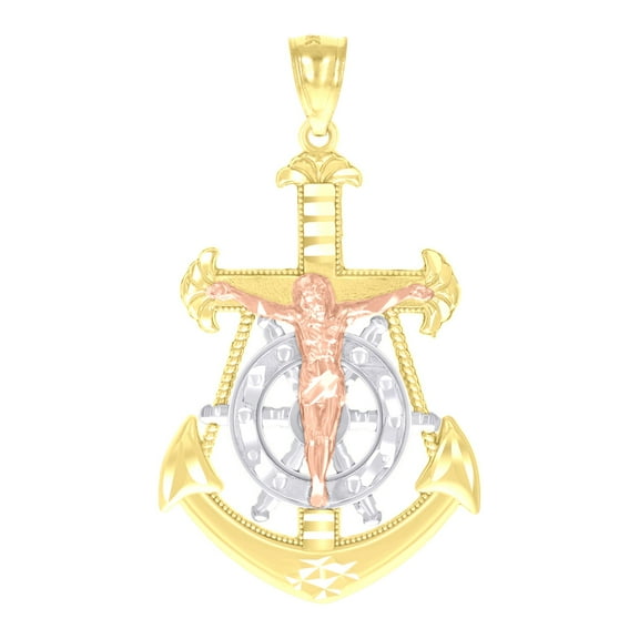 14k Tri-Color Gold Mens Anchor Crucifix Religious Charm Pendant