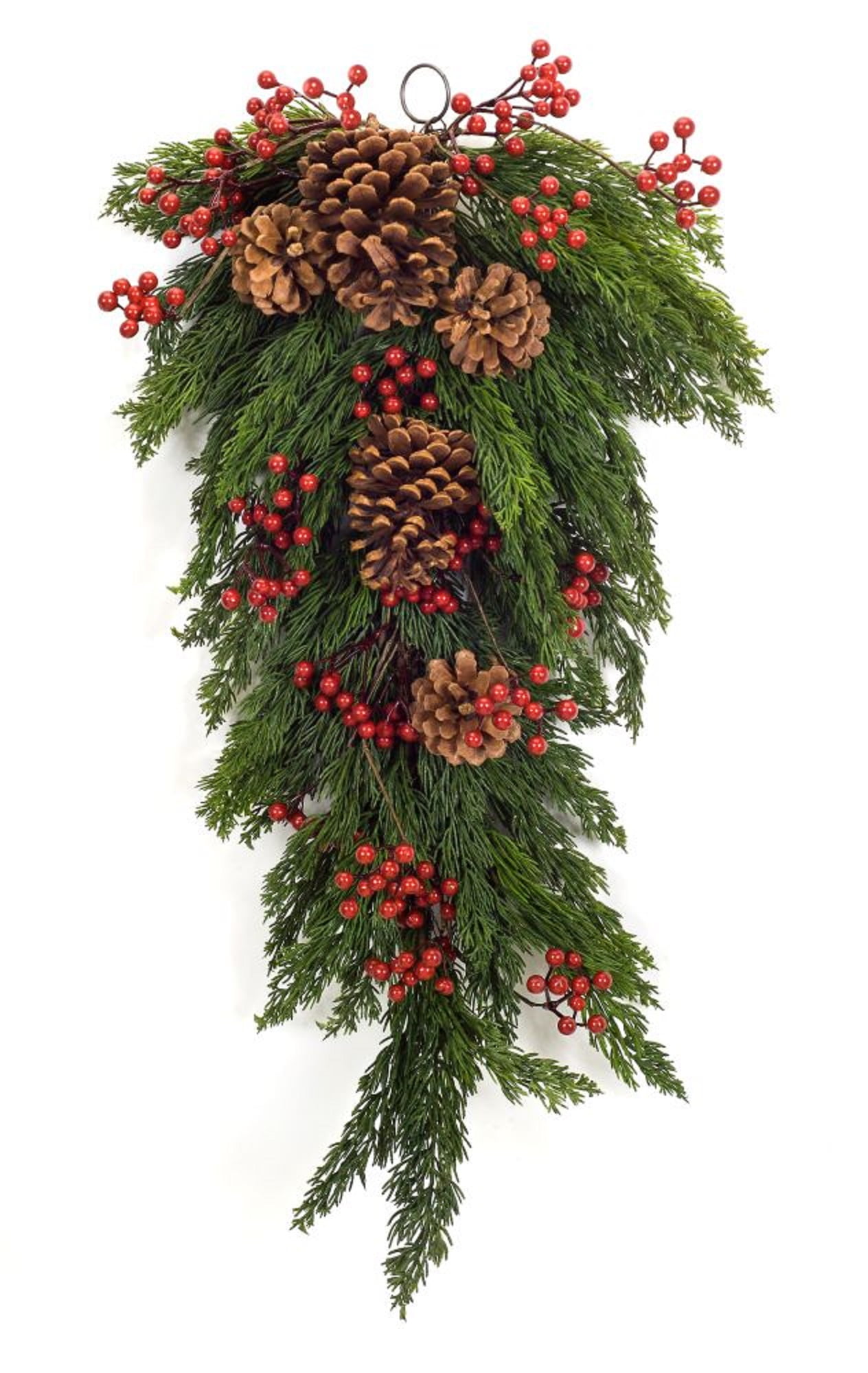 27.5" Green Pine Berry Artificial Christmas Teardrop Swag Unlit