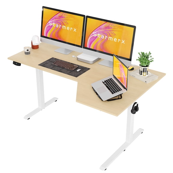 Studyset Electric Standing Desk, Height Adjustable Desk, 59 x 35 Inch Sit Stand up, L Shaped Ergonomic Rising Computer Table with Memory Preset  for Work Office Home